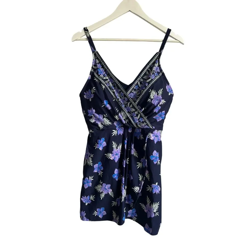 Lands' End Wmns XLARGE V-neck Tulip Wrap UPF 50 Swimsuit One Piece Navy Purple